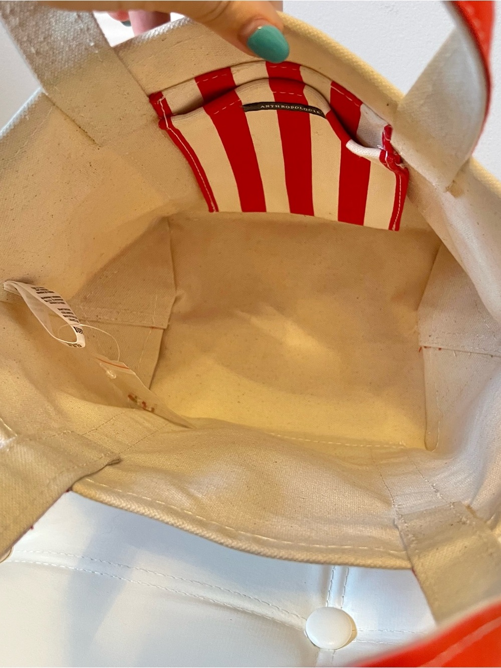 Anthropologie Cream Canvas Tote with Red Trim and Beaded Cocktail Patch - Picture 5 of 8